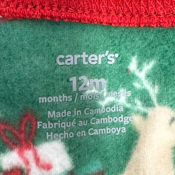 Carter’s Pajama Onesie Baby 12M Green Santa Reindeer Footed Holiday Christmas - Picture 5 of 6